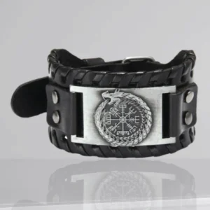 Wikinger Armband Jörmungandr mit Vegvisir aus Leder und Metall
