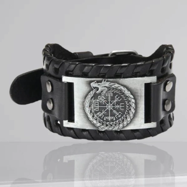 Wikinger Armband Jörmungandr mit Vegvisir aus Leder und Metall