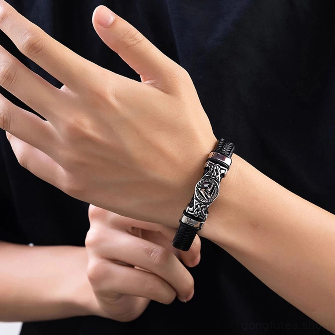 Wikinger Armband Knoten der Gefallenen aus Leder und Edelstahl