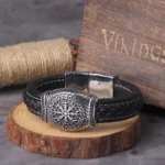 Wikinger Armband aus Leder mit Aegishjalmur Runen und Edelstahl Amulett