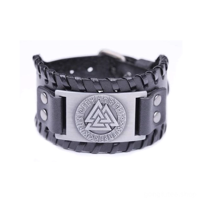 Gesamtansicht des verstellbaren Wikinger Lederarmband mit Valknut Symbol