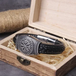Wikinger Armband aus Leder mit Vegvisir und Runen von Wikinger Schmuck