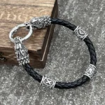 Wikinger Armband aus Leder mit Wolfsköpfen und Runen Perlen, Wikinger Schmuck