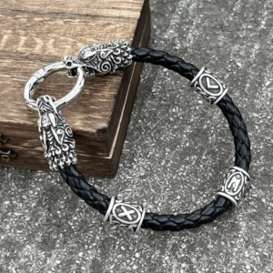 Wikinger Armband aus Leder mit Wolfsköpfen und Runen Perlen, Wikinger Schmuck
