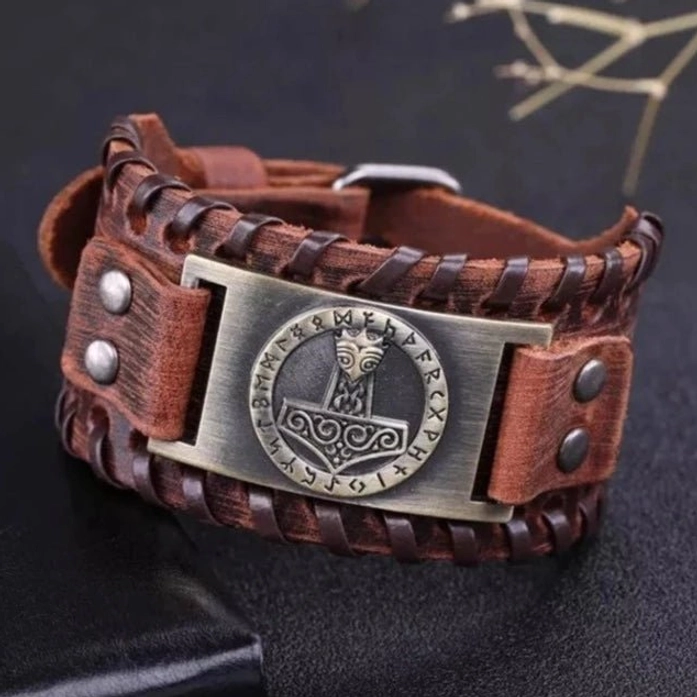 Wikinger Armband mit Thorshammer Mjölnir aus handgeflochtenem Leder
