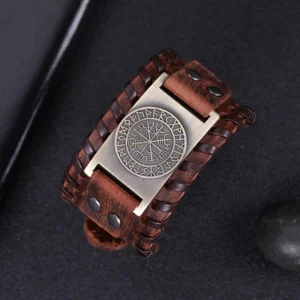 Wikinger Armband mit Vegvisir Nordischer Kompass Symbol aus Leder und Edelstahl