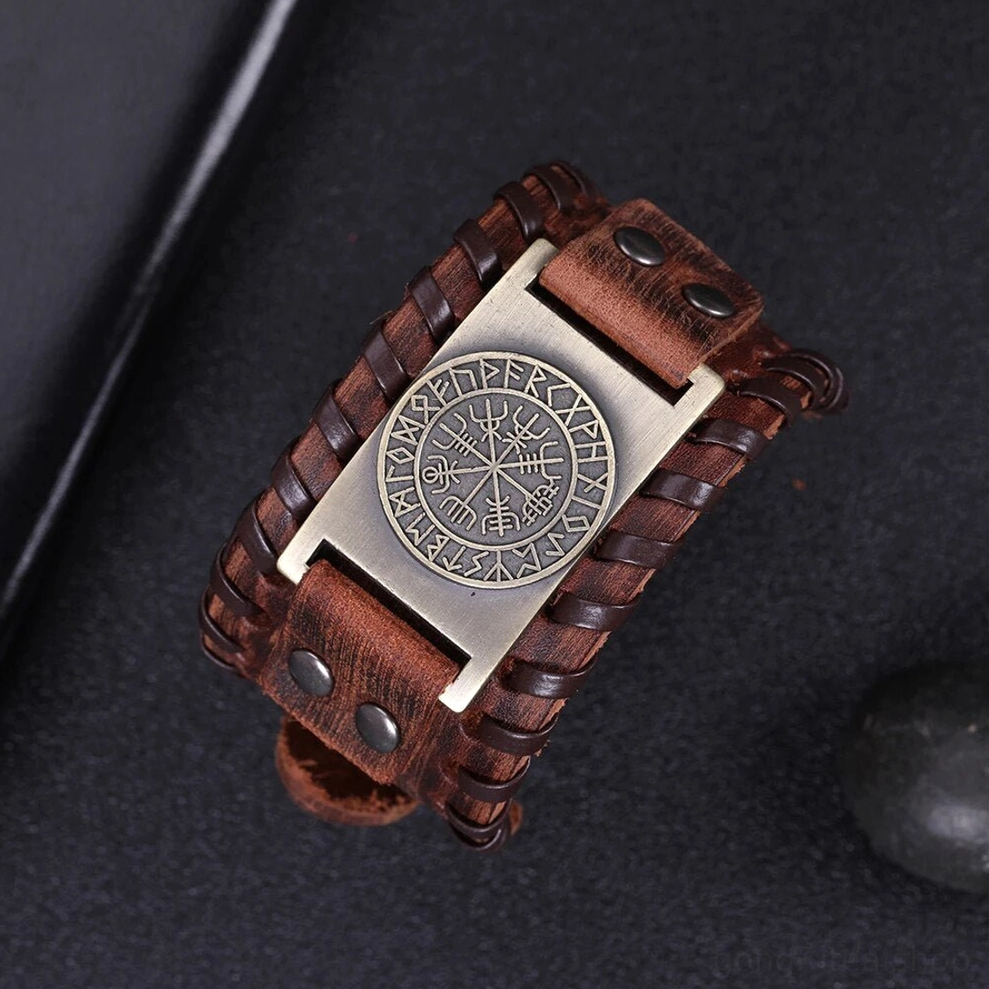 Wikinger Armband mit Vegvisir Nordischer Kompass Symbol aus Leder und Edelstahl