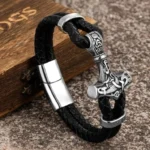 Wikinger Armband mit Mjolnir Thors Hammer und Runen aus Leder und Edelstahl
