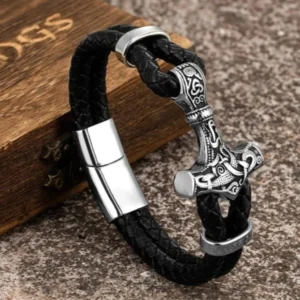 Wikinger Armband mit Mjolnir Thors Hammer und Runen aus Leder und Edelstahl