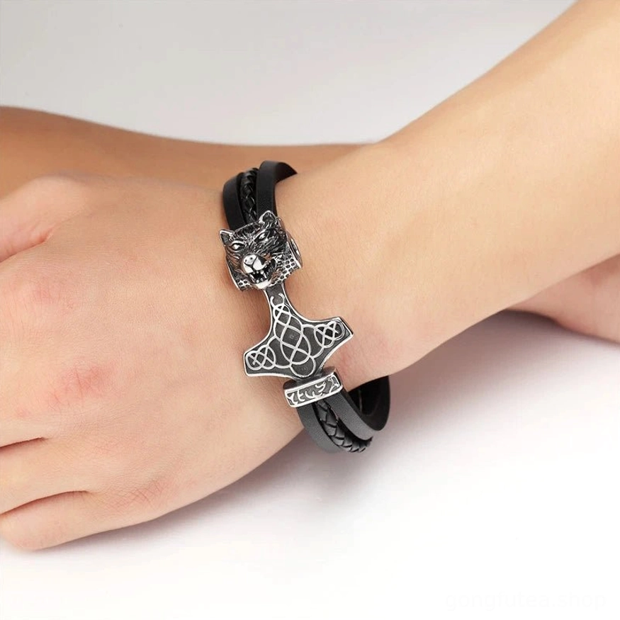 Wikinger Armband Mjolnir Wolf mit Magnetverschluss, Punk Style für Männer