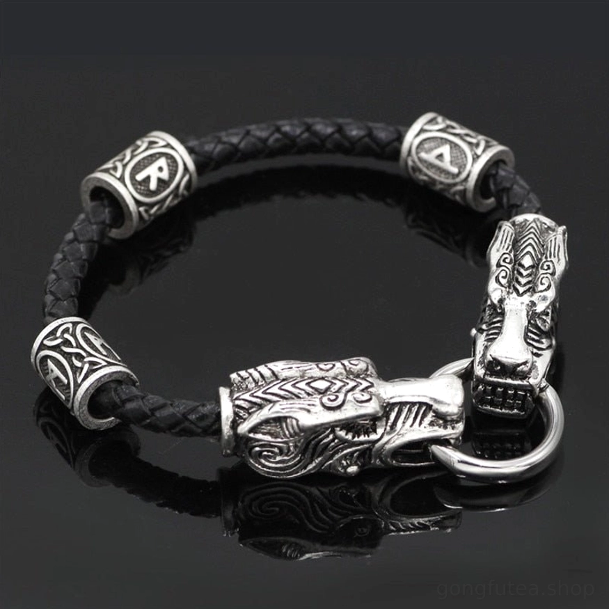 Wikinger Armband mit nordischen Tigerköpfen aus Leder und Zinklegierung