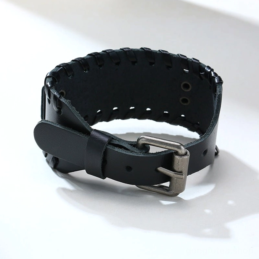 Wikinger Armband mit Norse Raben und ledernem Geflecht