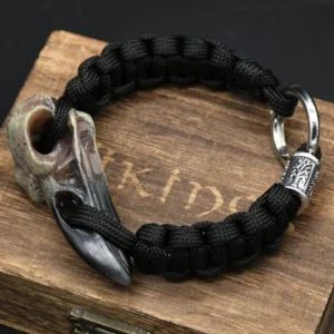 Wikinger Armband mit Odins Raben Schädel aus schwarzem Seil