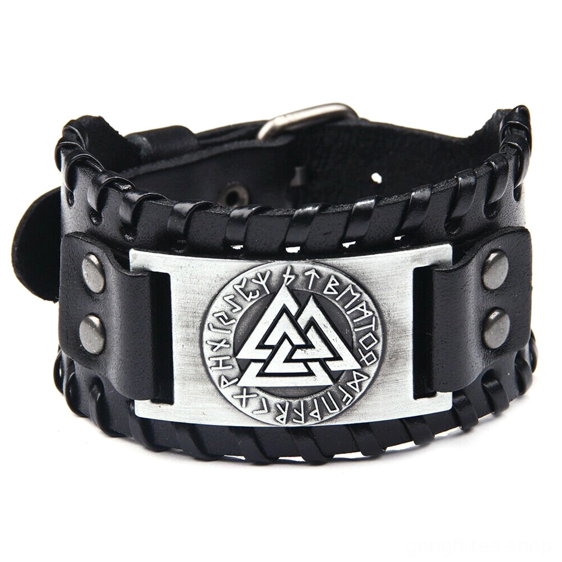 Wikinger Armband Leder mit Runen und Valknut Symbol