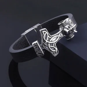 Wikinger Armband mit Thorshammer Mjölnir aus Leder und Edelstahl, nordisches Wikingerschmuck