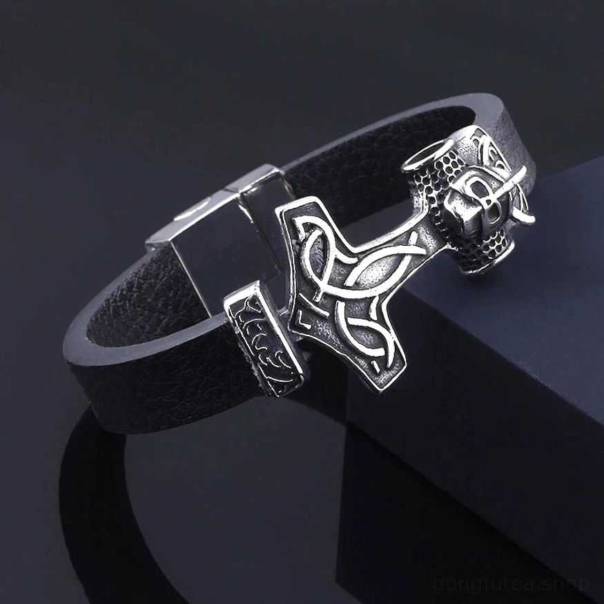 Wikinger Armband mit Thorshammer Mjölnir aus Leder und Edelstahl, nordisches Wikingerschmuck
