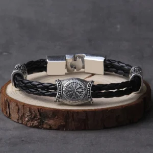 Wikinger Armband mit Vegvisir Symbol aus schwarzem geflochtenem Leder und Edelstahl