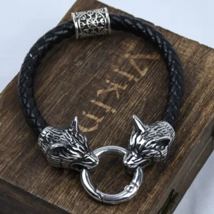 Handgemachtes Wikinger Armband mit Wolfsköpfen und Valknut Perle