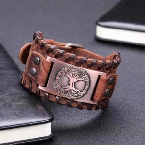 Wikinger Armband Yggdrasil Lebensbaum Symbol braunes Leder