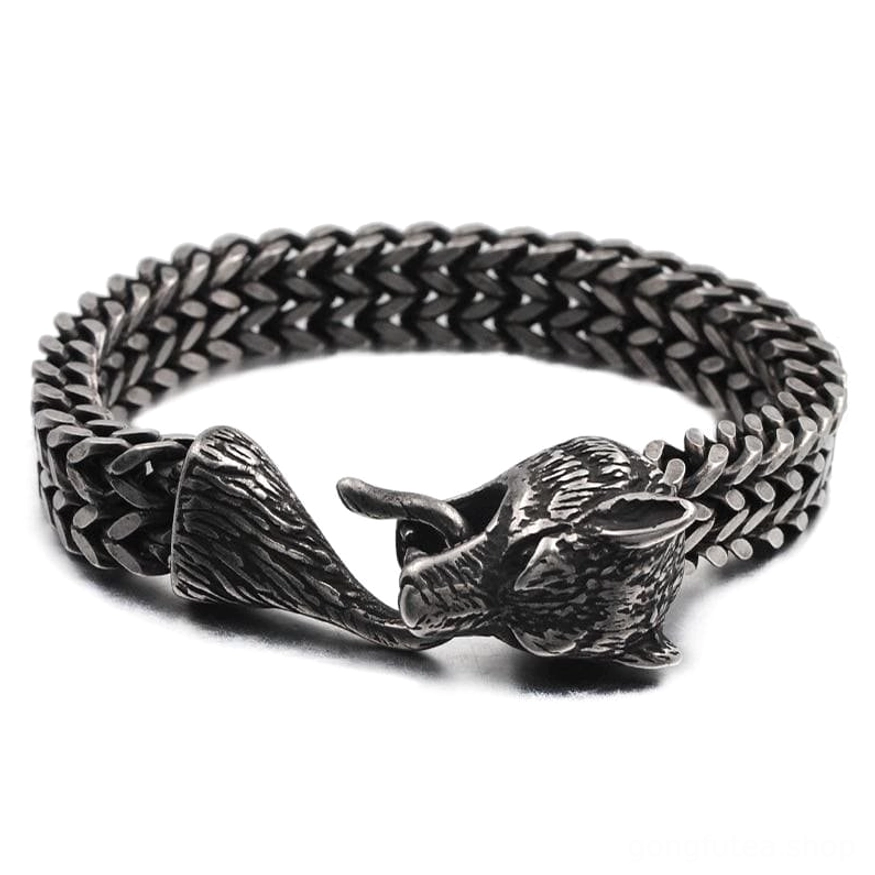 Wikinger Armreif Fenrir Wolf mit traditionellem Kettengeflecht