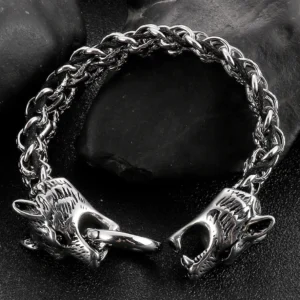 Wikinger Armreif Skoll und Hati am Handgelenk getragen - 13mm breiter Doppel-Wolfskopf Wikinger Schmuck aus Edelstahl