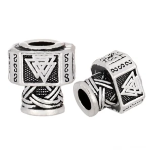 Handgefertigte Wikinger Bartperle mit Mjölnir und Valknut Symbol, Wikinger Bartschmuck aus Edelstahl