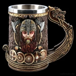 Wikinger Becher 600ml, Drakkar Design mit Odin Motiv, Edelstahl Innenraum