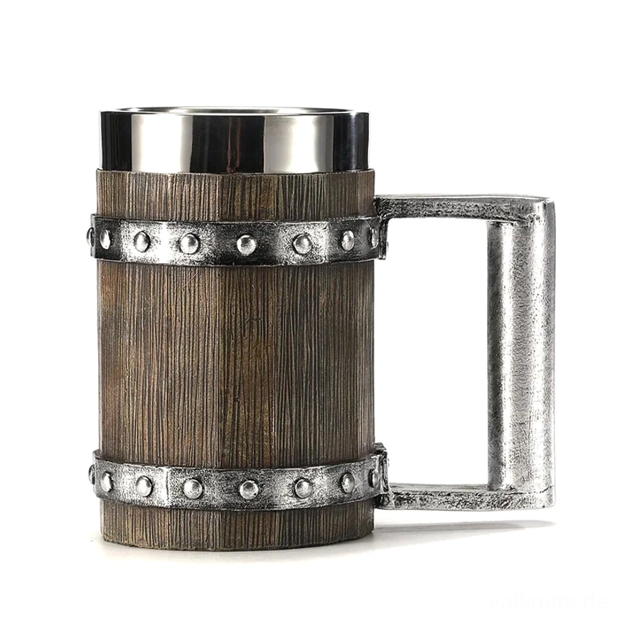 Handgefertigter Wikinger Becher mit Fassdesign, Polyresin Außenkörper und Edelstahl Innenbehälter für Bier und Met