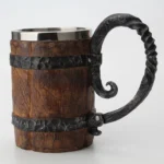 Wikinger Becher mit Holzfass Design, Edelstahl Innenraum, nordische Dekoration
