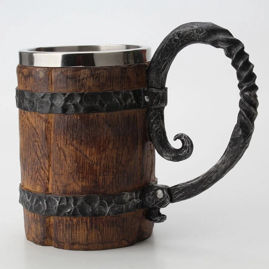 Wikinger Becher mit Holzfass Design, Edelstahl Innenraum, nordische Dekoration
