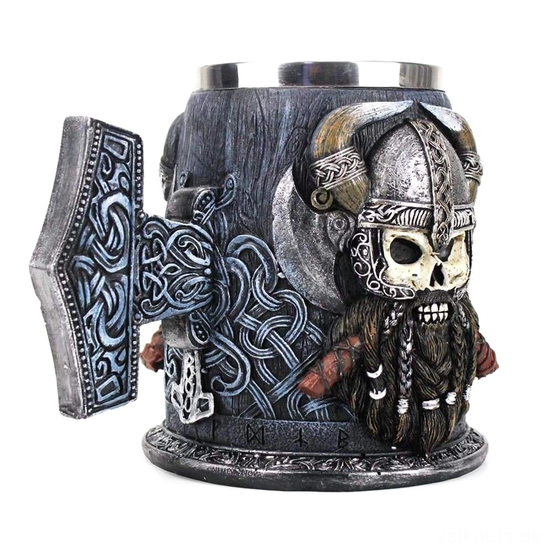 Wikinger Becher Mjolnir mit Wikinger Totenkopf Detailansicht der Symbole