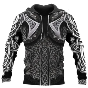 Wikinger Hoodie Berserker mit 3D Druck, schwarzes Herren Kapuzenpullover mit Wikingeräxten und keltischen Mustern