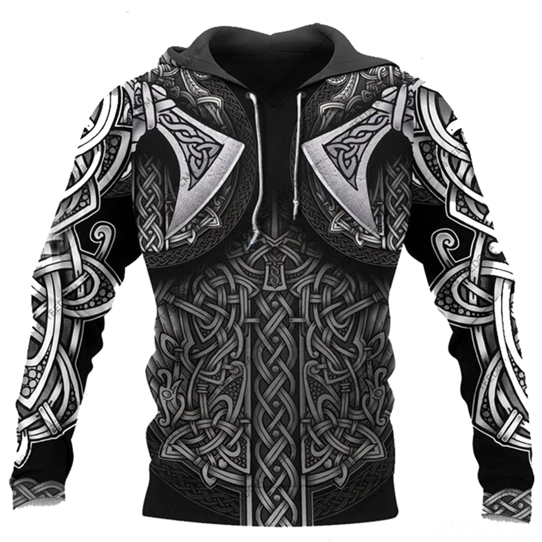 Wikinger Hoodie Berserker mit 3D Druck, schwarzes Herren Kapuzenpullover mit Wikingeräxten und keltischen Mustern