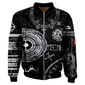 Wikinger Bomberjacke Erik mit Runen Motiv auf schwarzem Grund, Vorderansicht