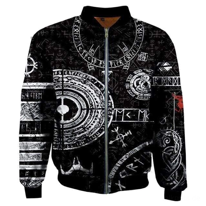 Wikinger Bomberjacke Erik mit Runen Motiv auf schwarzem Grund, Vorderansicht
