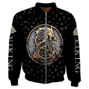 Wikinger Bomberjacke Fenrir schwarz mit 3D Druck Wikinger Motiv