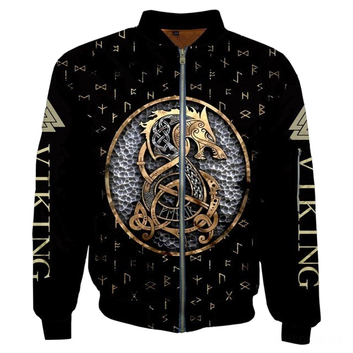 Wikinger Bomberjacke Fenrir schwarz mit 3D Druck Wikinger Motiv