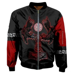 Wikinger Bomberjacke mit Odins Raben Huginn und Muninn 3D Print, Schwarz Rot