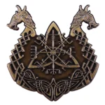 Wikinger Brosche mit zweiköpfigem Drachen und nordischen Runen, antike Bronzeoptik