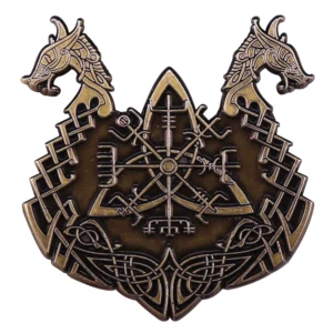 Wikinger Brosche mit zweiköpfigem Drachen und nordischen Runen, antike Bronzeoptik