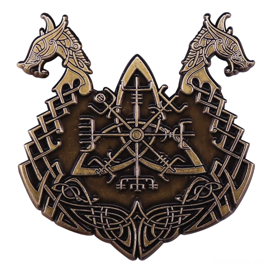 Wikinger Brosche mit zweiköpfigem Drachen und nordischen Runen, antike Bronzeoptik