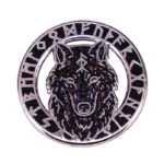 Wikinger Brosche mit nordischem Wolf und Runen, silberne Metall Fibel mit glänzendem schwarzem Emaille