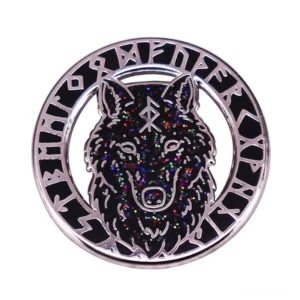 Wikinger Brosche mit nordischem Wolf und Runen, silberne Metall Fibel mit glänzendem schwarzem Emaille