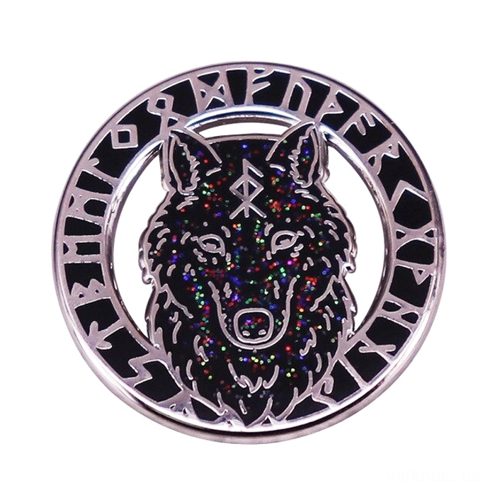 Wikinger Brosche mit nordischem Wolf und Runen, silberne Metall Fibel mit glänzendem schwarzem Emaille
