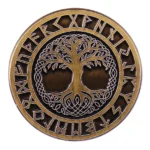 Wikinger Brosche Yggdrasil Weltbaum mit Runen, antike Bronzefarbe