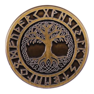 Wikinger Brosche Yggdrasil Weltbaum mit Runen, antike Bronzefarbe