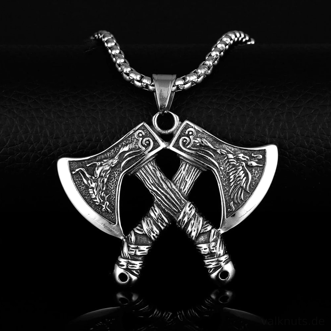 Wikinger kette mit doppel axt anhaenger, nordisches odin symbol kette aus edelstahl fuer maenner
