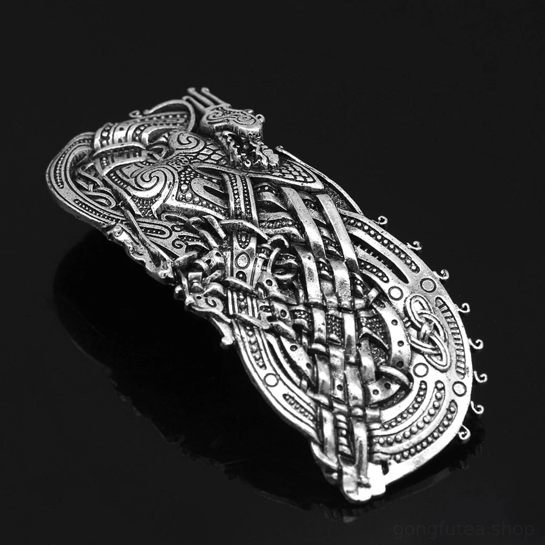 Wikinger Drache Brosche aufbraunem Leder, Wikinger Kultur Accessoire