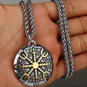 Zweifarbige Wikinger Halskette mit Aegishjalmur Sigil Wikinger Anhänger