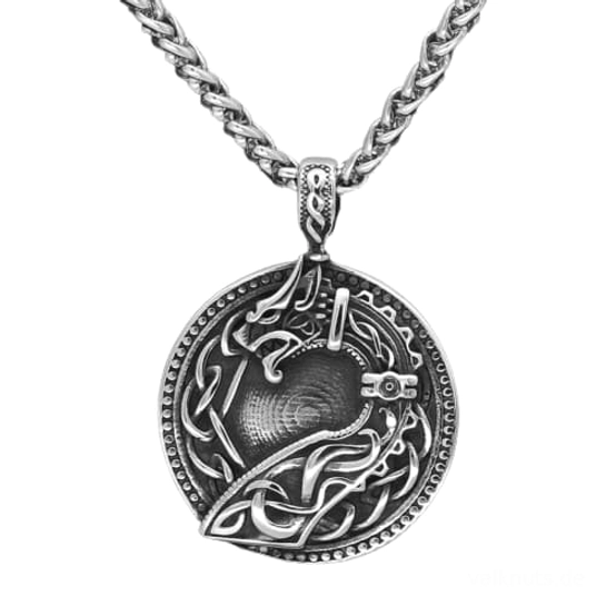 gesamtansicht der wikinger kette mit drakkar anhänger, kettenlaenge 60 cm